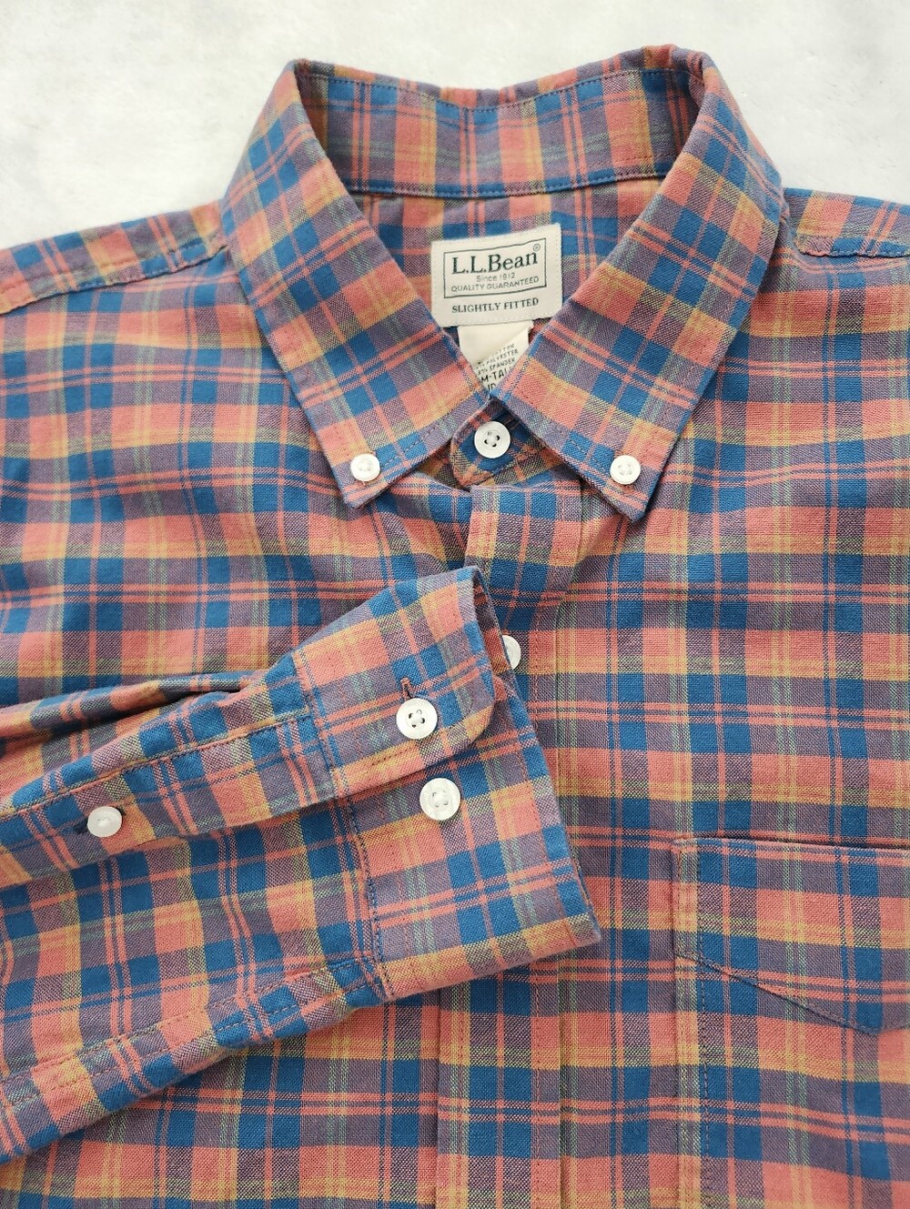 L.L. BEAN Men's Medium Tall Blue Orange Plaid Button Down Shirt Oxford Cotton